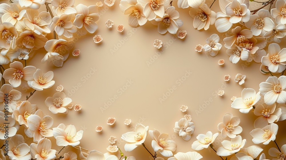 Delicate White Flowers Arranged in a Circular Pattern on Beige Background Delicate White Flowers Arranged in a Circular Pattern on Beige Background
