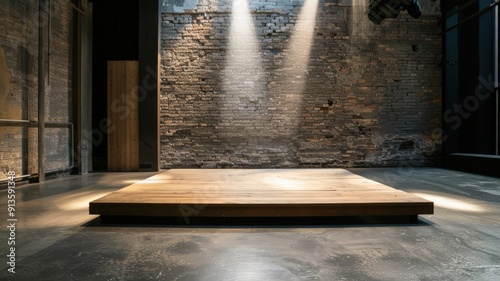 A dimly lit experimental theater stage with abstract set pieces and unconventional lighting. photo