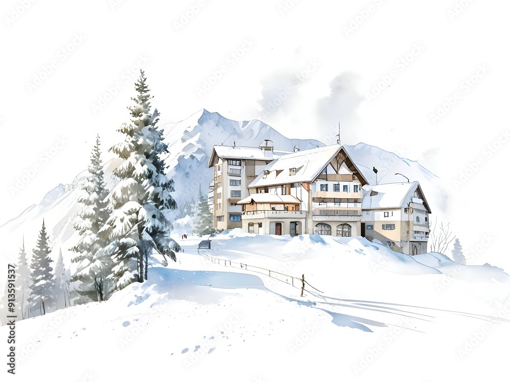 Naklejka premium Watercolor Ski Resort Landscape Art