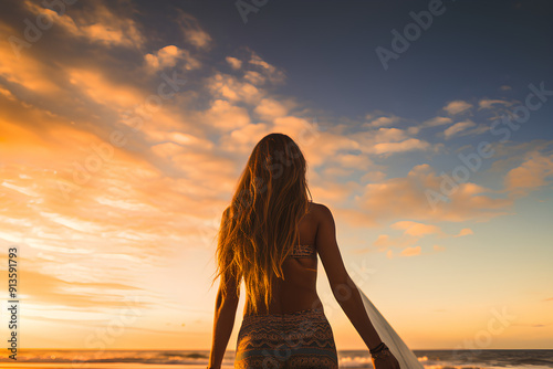 Surfer girl surfing looking at ocean beach sunset. Beautiful sexy female bikini woman looking at water with standing with surfboard having fun living healthy active lifestyle. Water sports with mod photo