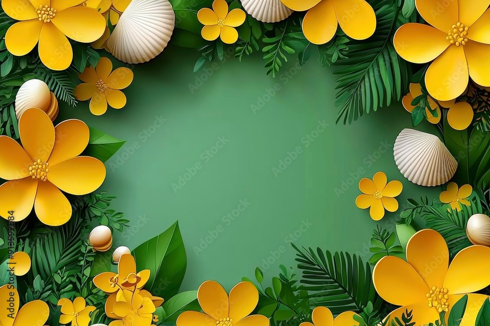 Summer Floral Border with Seashells and Green Leaves Summer Floral Border with Seashells and Green Leaves
