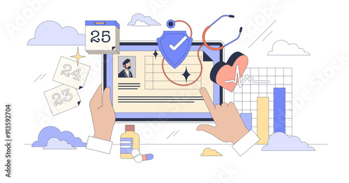 Electronic health record with patient medical data tiny person neubrutalism concept, transparent background. EHR platform with prescriptions, diagnosis and treatment information illustration.