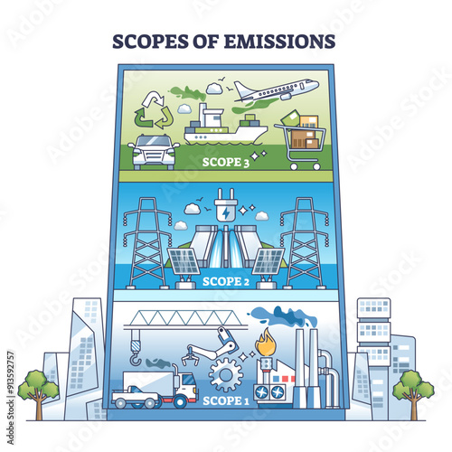 Scopes of emissions with CO2 sources as building floors outline diagram, transparent background. Labeled scheme with transportation.