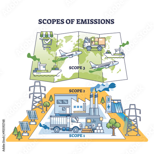 Scopes of emissions as greenhouse gases sources in layers outline diagram, transparent background. Labeled scheme of transportation.