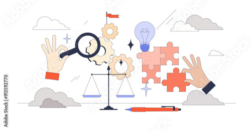 Systems of thinking with analytical approach tiny person neubrutalism concept, transparent background. Logic and critical thinking for information management and analytics illustration.