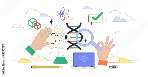 STEM classes with science and math education tiny person neubrutalism concept, transparent background. Engineering, mathematics and physics learning for smart students illustration.