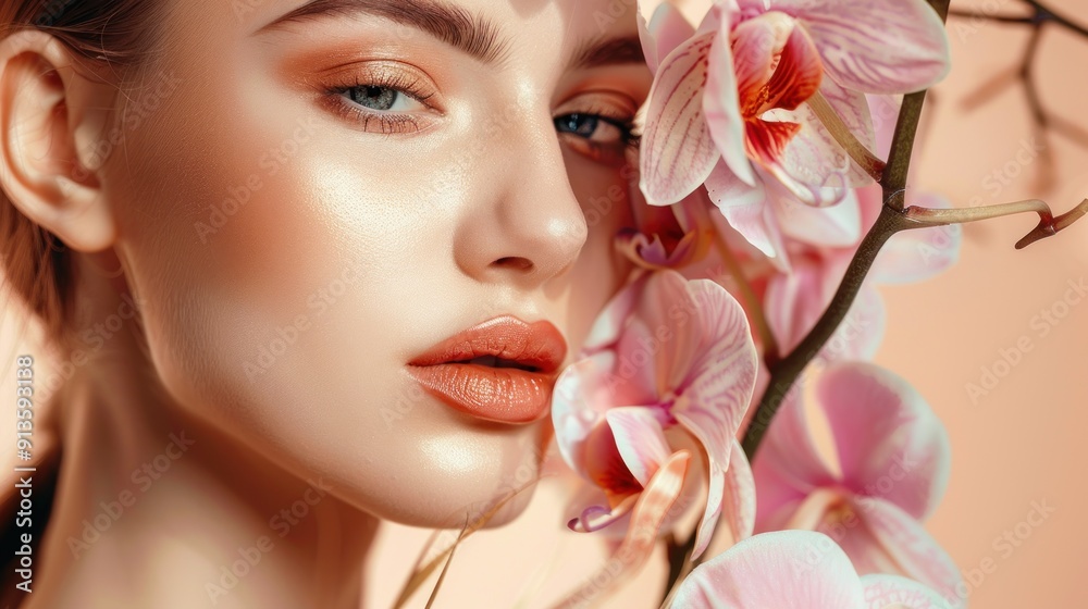 Close-up of a Woman's Face Partially Hidden by Pink Orchids Close-up of a Woman's Face Partially Hidden by Pink Orchids