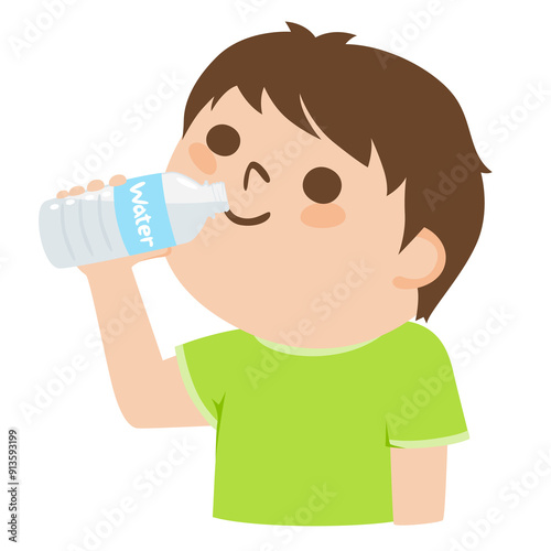 ペットボトルにクチをつけてミネラルウォーターを飲む若い男性のイラスト。