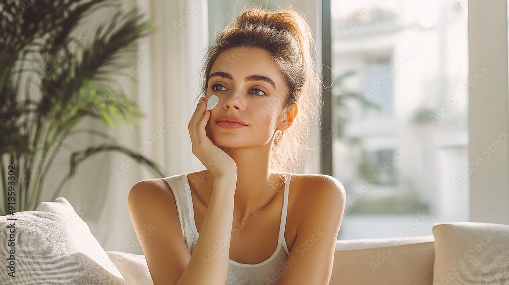 A woman with a towel on her head, applying a cotton pad to her cheek while sitting on a sofa, with greenery in the background.