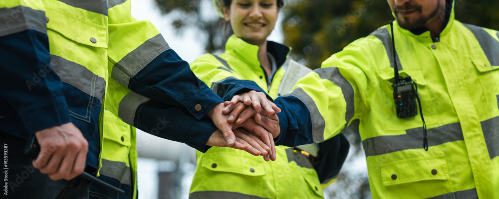 Male and female industrial engineers wearing hard hats clasp hands together to work together on a big project. Unity, teamwork, coworkers.