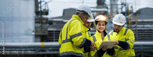 Male and female industrial engineers wearing hard hats talk to collaborate on new project. Team of engineers inspecting gas separation plant using tablets.