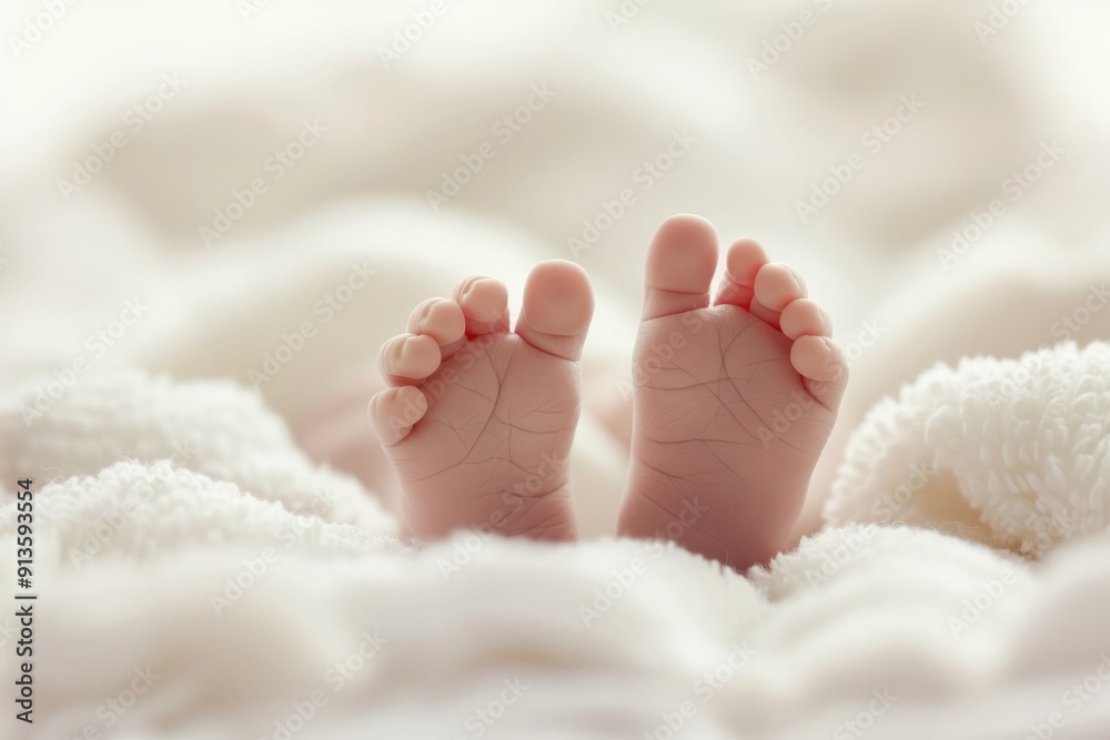 Tiny Newborn Baby Feet Resting on White Blanket Tiny Newborn Baby Feet Resting on White Blanket