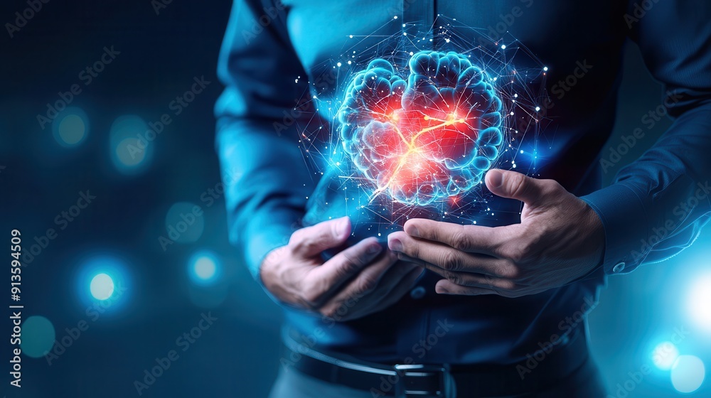 Fototapeta premium Digital Diagnosis: Futuristic Visualization of Gastric Issues Causing Upper Abdominal Pain with Copy Space for Text