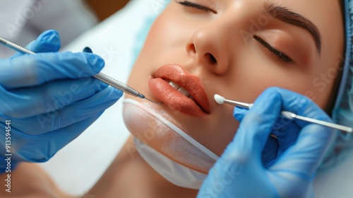 Close-up of a woman receiving a lip treatment with a white cream.