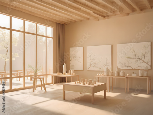 Serene Wooden Display Stand in Minimalist Commercial Space with Soft Natural Lighting