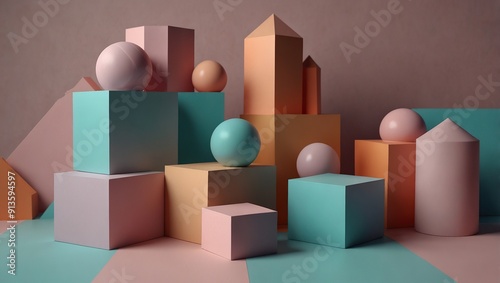 Geometric 3d smooth pastel shapes. Abstract background with light colour palette photo