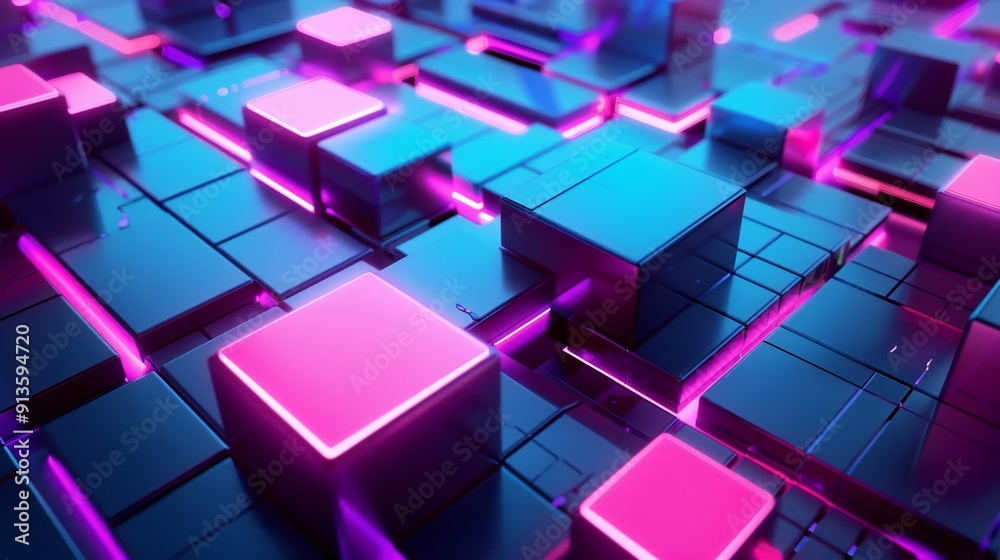 Obraz premium Futuristic 3D neon cubes background, glowing magenta and blue geometric blocks, abstract technology grid wallpaper
