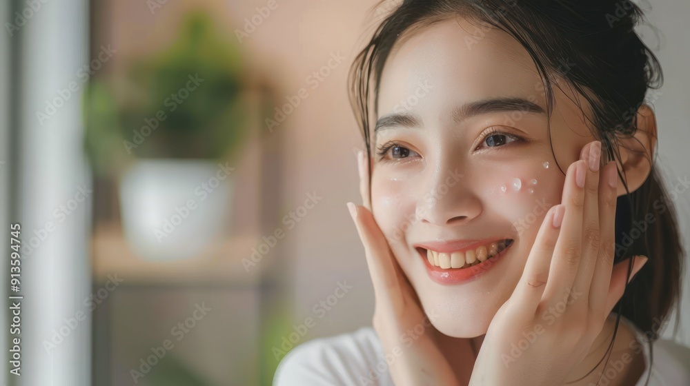Young Woman Applying Facial Moisturizer with a Smile Young Woman Applying Facial Moisturizer with a Smile