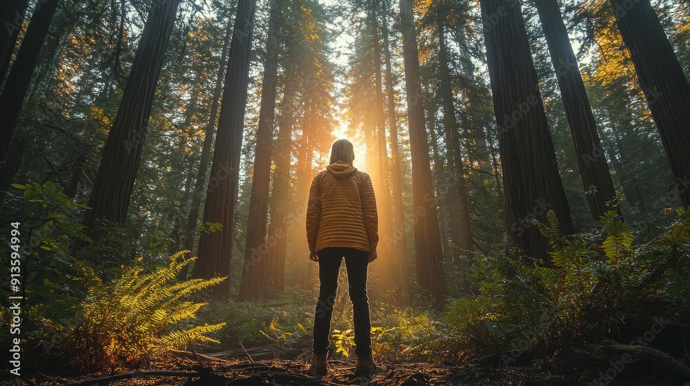 A lone figure stands in a sun-drenched forest, surrounded by tall trees and lush ferns. The golden light creates a sense of mystery and wonder. A lone figure stands in a sun-drenched forest, surrounded by tall trees and lush ferns. The golden light creates a sense of mystery and wonder.