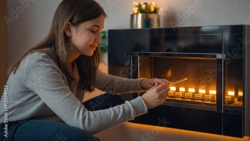 Girl helping mother to adjust, lower heating temperature on thermostat. Concept of sustainable, efficient, and smart technology in home heating and thermostats