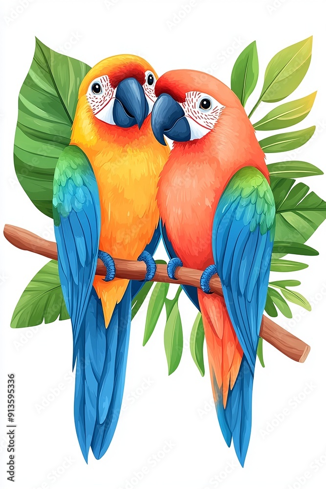 Obraz premium Two colorful parrots perched on a branch, surrounded by vibrant green leaves, showcasing a beautiful tropical scene.