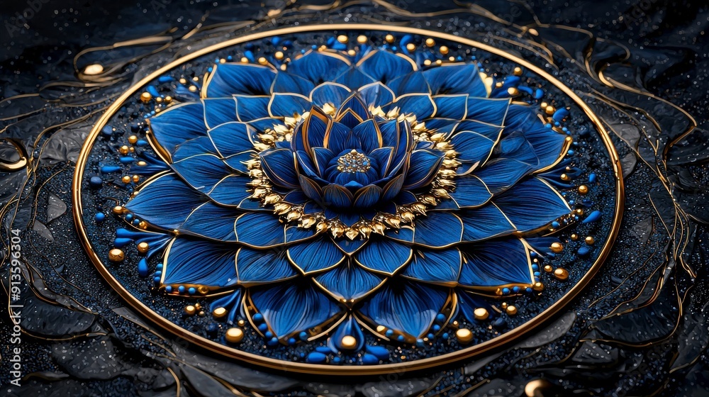 Obraz premium Abstract floral design in blue and gold with a circular frame. The image is detailed and intricate.