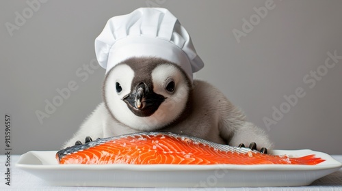 Wallpaper Mural Adorable penguin chick wearing a chef hat, preparing a fresh salmon fillet on a white plate. Fun and cute culinary concept. Torontodigital.ca