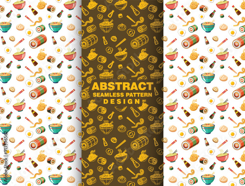 Creative asian cuisine sushi,noodles seamless pattern design templates.