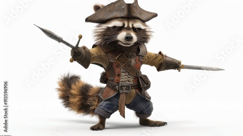 Cute cartoon raccoon dressed as a pirate with a hat, coat, and swords, ready for an adventure on a white background.