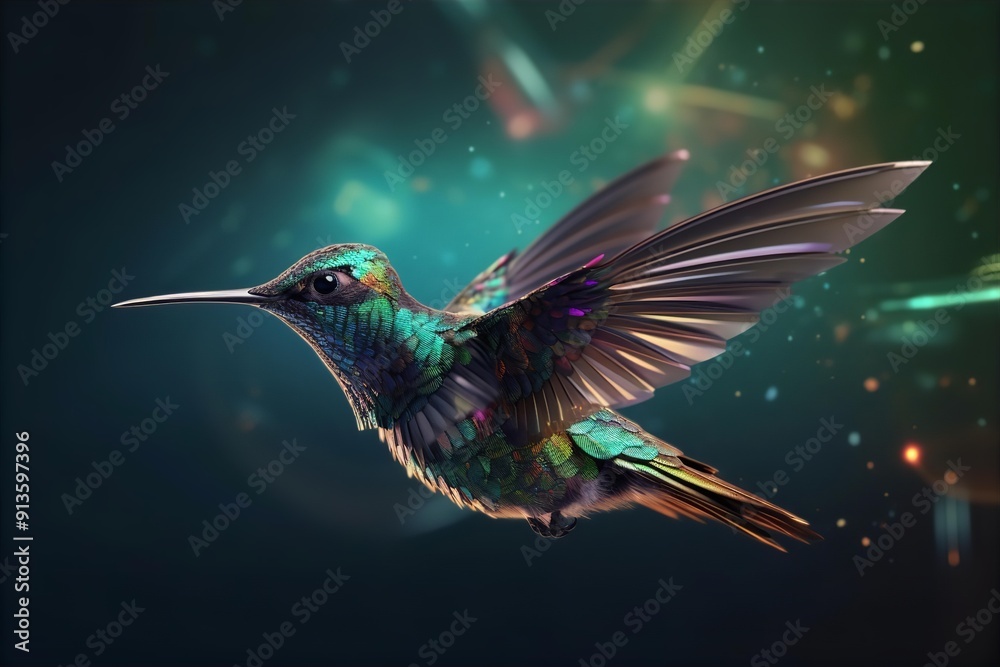 Obraz premium Digital Innovation Concept with Hummingbird in Flight, digital innovation, hummingbird, technology concept, futuristic design, hummingbird in flight
