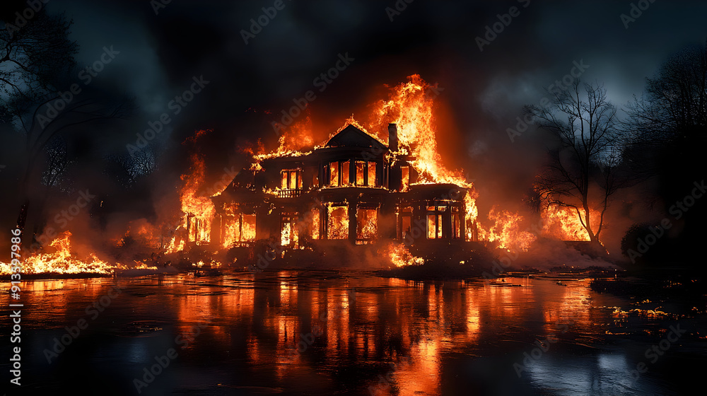A large house engulfed in flames, reflecting in the water. A large house engulfed in flames, reflecting in the water.