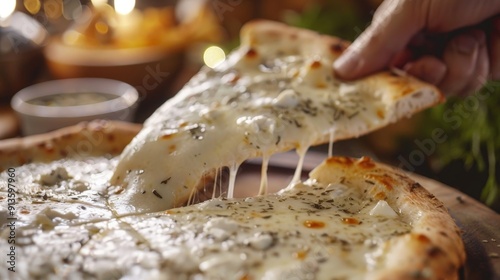 A quattro formaggi pizza with mozzarella, gorgonzola, parmesan, and fontina is being served, offering a rich and cheesy delight.