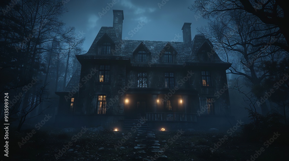 Dark Haunted House with Illuminated Windows at Spooky Moonlight Dark Haunted House with Illuminated Windows at Spooky Moonlight