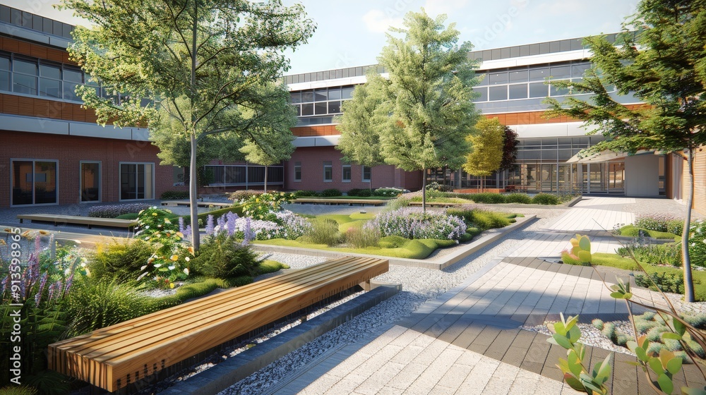 Picture a 3D school courtyard with benches, gardens, and walking paths.