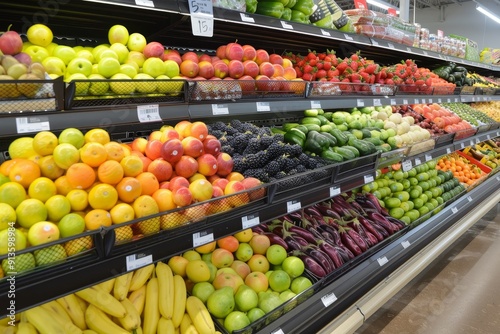 Colorful fruits and vegetables in the produce section of the grocery store