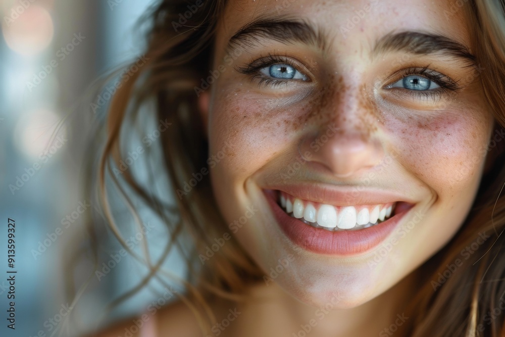 Closeup portrait, woman smiling, blue eyes, freckles, white teeth. Closeup portrait, woman smiling, blue eyes, freckles, white teeth.