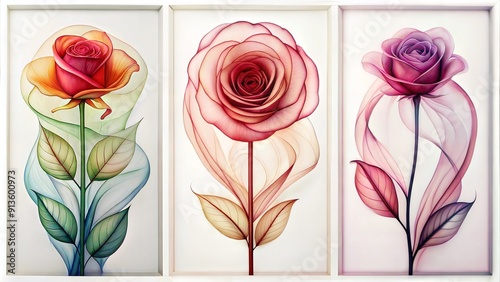 Set of three vertical poster abstract minimalistic  vein art  , set of rose flower photo