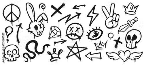 Grunge graffiti spray paints, ink icons. Vector set of black urban and street culture elements. Snake, skull, crown and rabbit head, lightning bolt, question mark and winged heart. Eye, diamond, cross