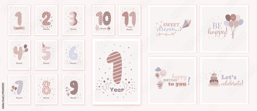 Milestone cards set with numbers in beige pastel colors for newborn boy ...