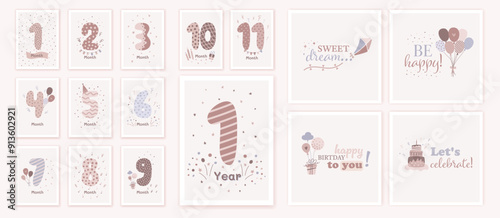 Milestone cards set  with numbers in beige pastel colors for newborn boy and girl. Baby month anniversary card  in flat trendy design. Cartoon vector illustration.
