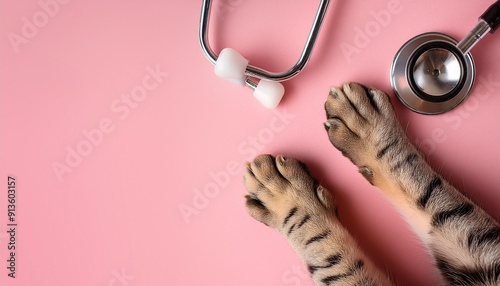 Cat Care: Stethoscope and Paws on Pink Banner