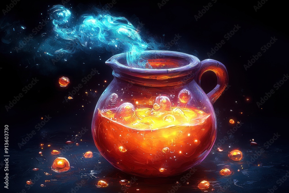 Magical Potion in a Clay Jug with Glowing Bubbles and Smoke Magical Potion in a Clay Jug with Glowing Bubbles and Smoke