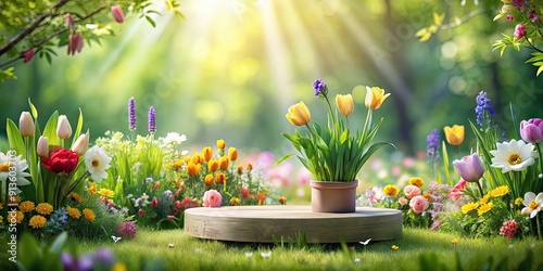 Fototapeta Naklejka Na Ścianę i Meble -  Vibrant rendering of a natural podium surrounded by spring flowers and greenery , spring, flowers, lush, nature