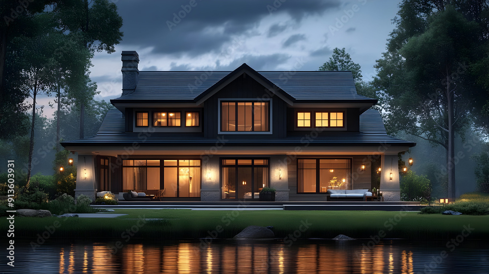 Modern House with Pond and Lights 3D Illustration Modern House with Pond and Lights 3D Illustration