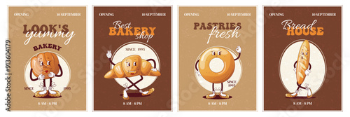 A set of posters for the opening of a bakery with fashionable baking characters. Bun, croissant, donut, baguette in vintage style for cafe design.