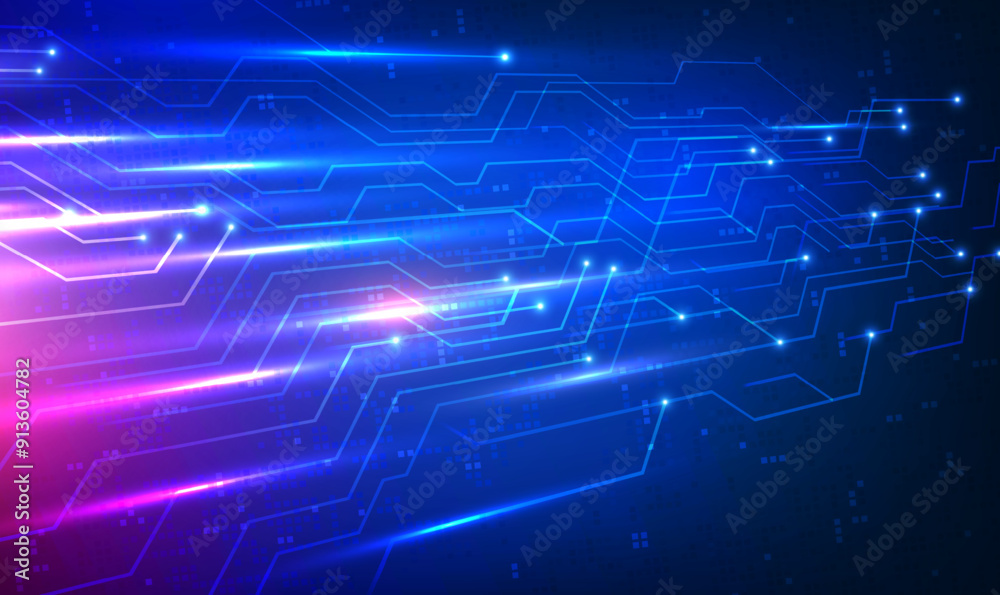Obraz premium Perspective Cyber Sci Fi circuit technology background. Abstract 3D futuristic circuit lines and dots movement for advertising and game. Glowing binary code. Digital innovation tech. Sci fi Vector.