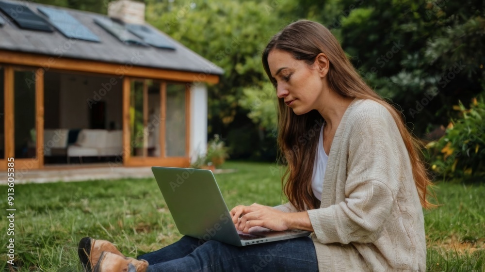 Woman works on laptop remotely in house on nature Woman works on laptop remotely in house on nature