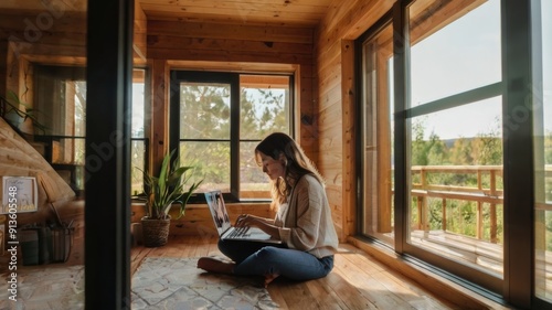 Woman works on laptop remotely in house on nature