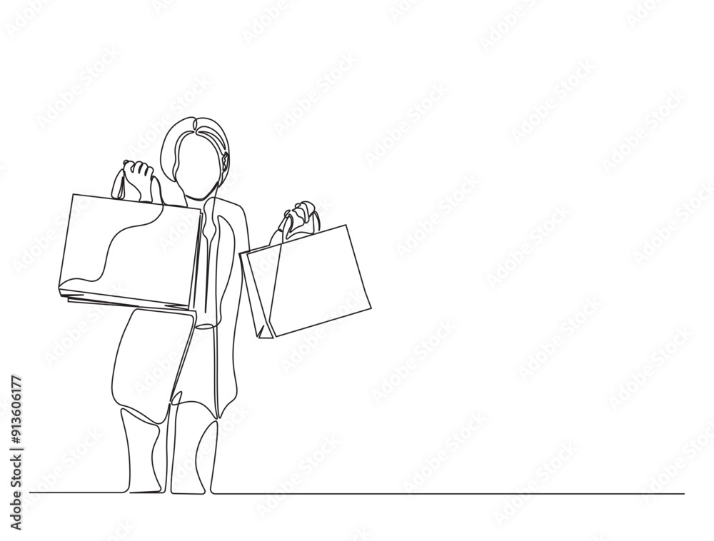 Continuous one line drawing of young woman Carrying shopping bag. Happy shopping and sale concept. Continuous one line drawing of young woman Carrying shopping bag. Happy shopping and sale concept.