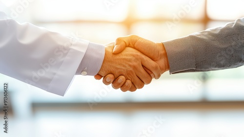 A firm handshake between a doctor and a client symbolizing trust, collaboration, and professional relationship in healthcare.